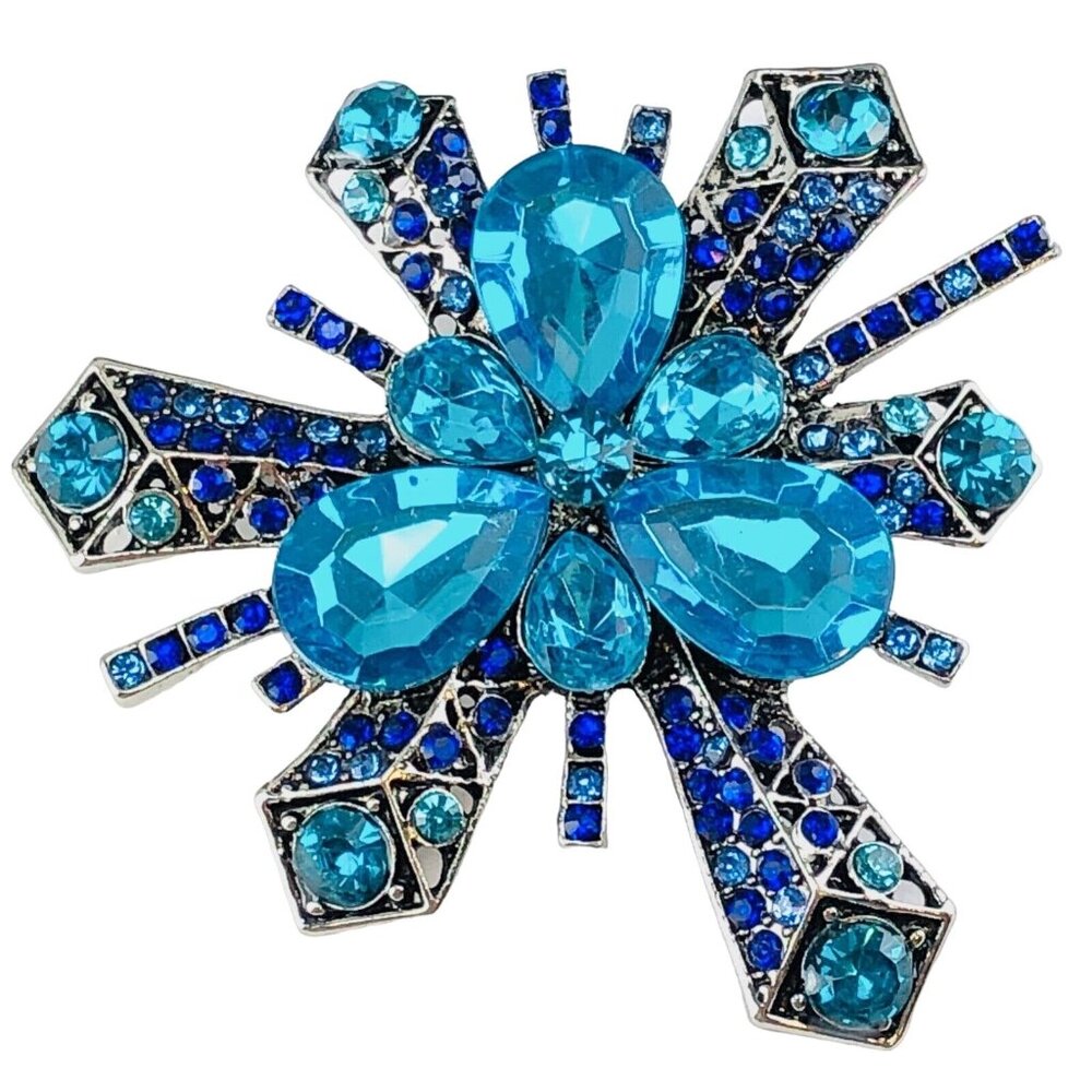 Brooch Starburst Blue Rhinestone Crystals Silver Tone